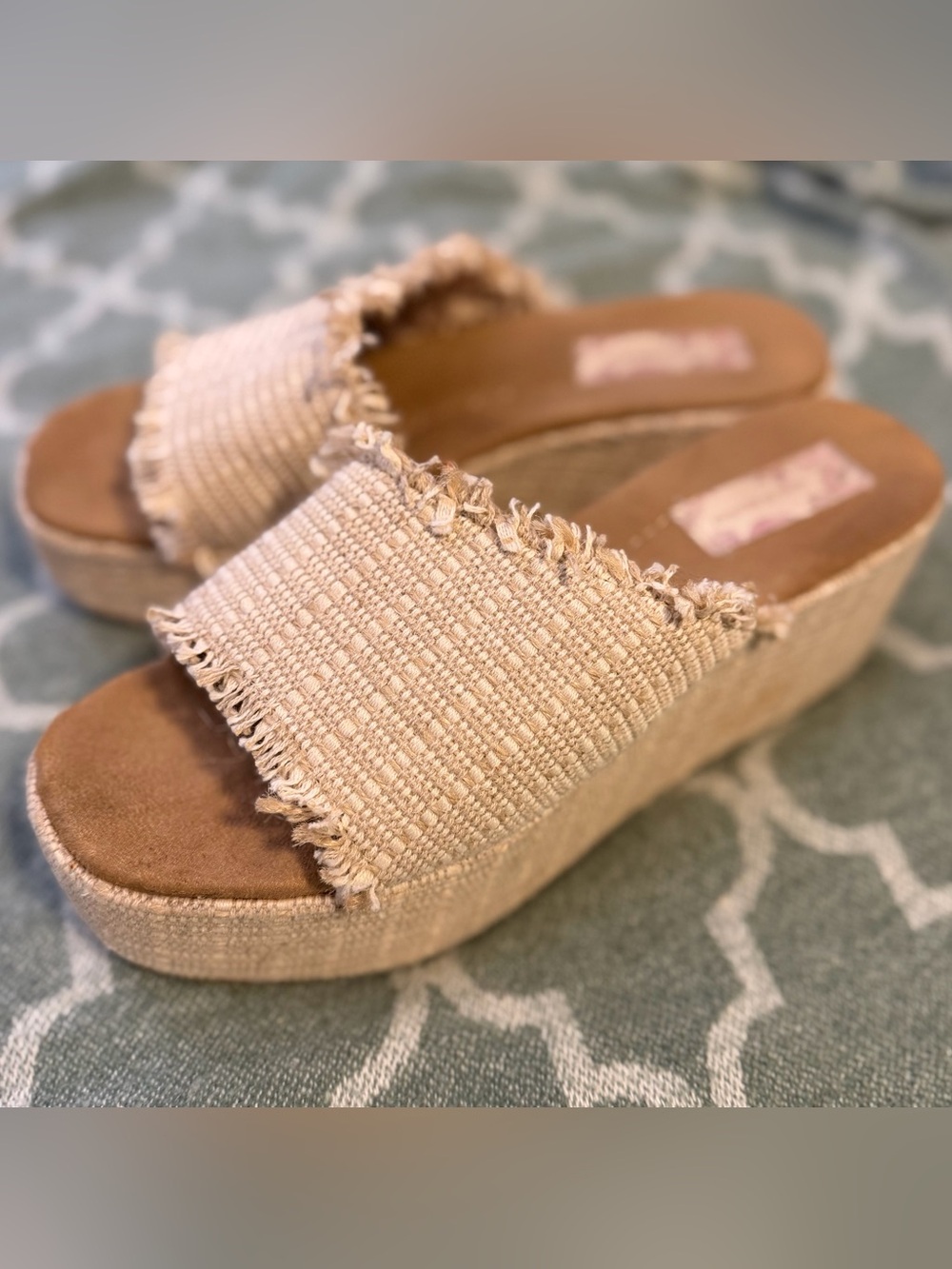 Band of Gypsies Beige Woven Fringe Wedge Slides